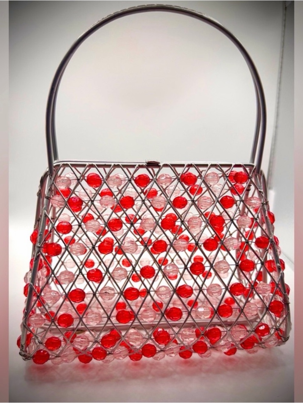 American Vintage Clear Beaded Clutch with Red Accents